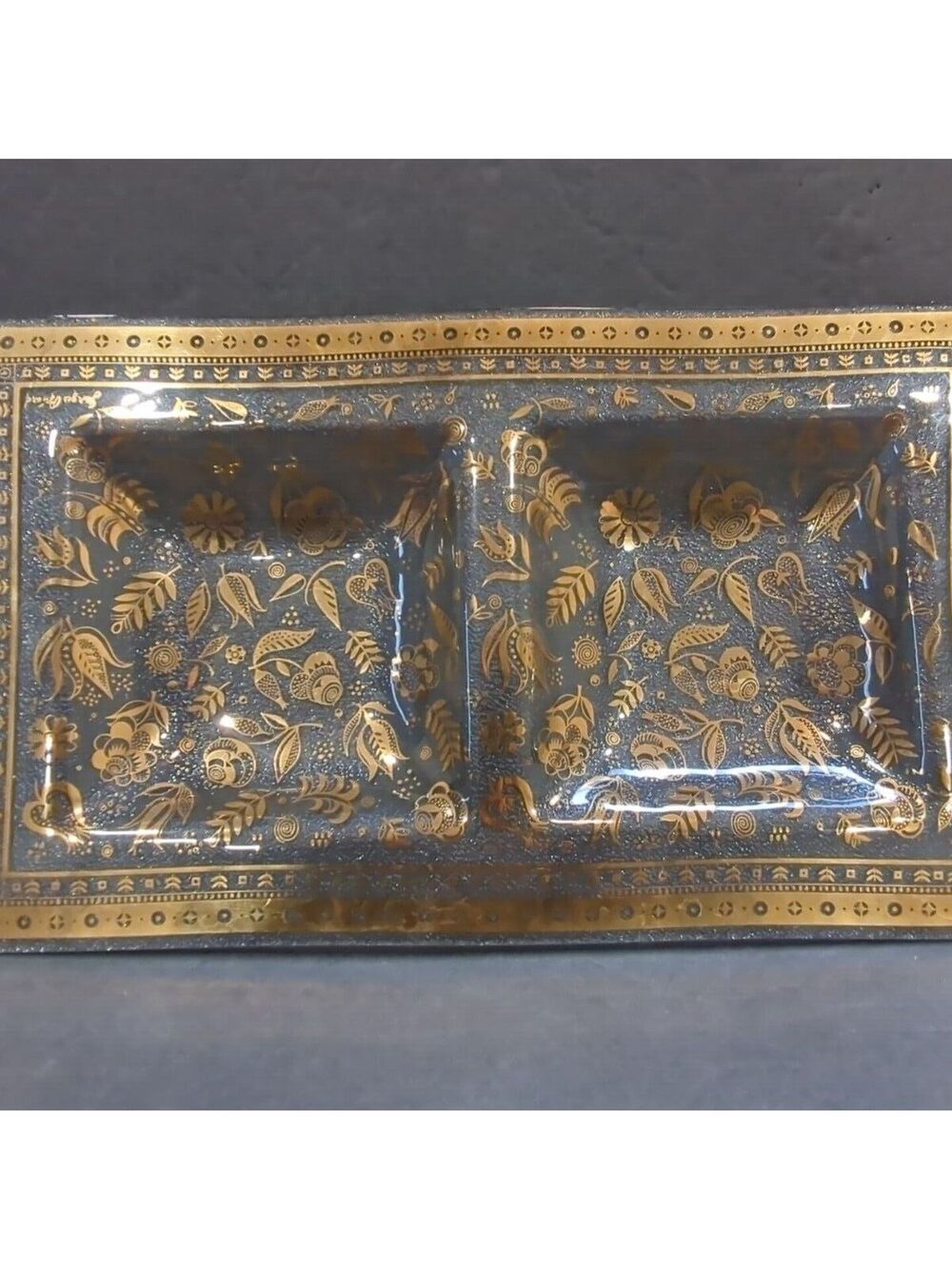 Vintage Mid Century Modern gold floral glass serving tray